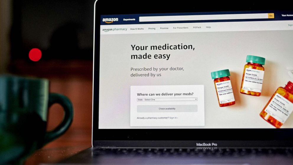 PHOTO: FILE - The Amazon Pharmacy home screen on a laptop computer arranged in the Brooklyn Borough of New York, Nov. 17, 2020.