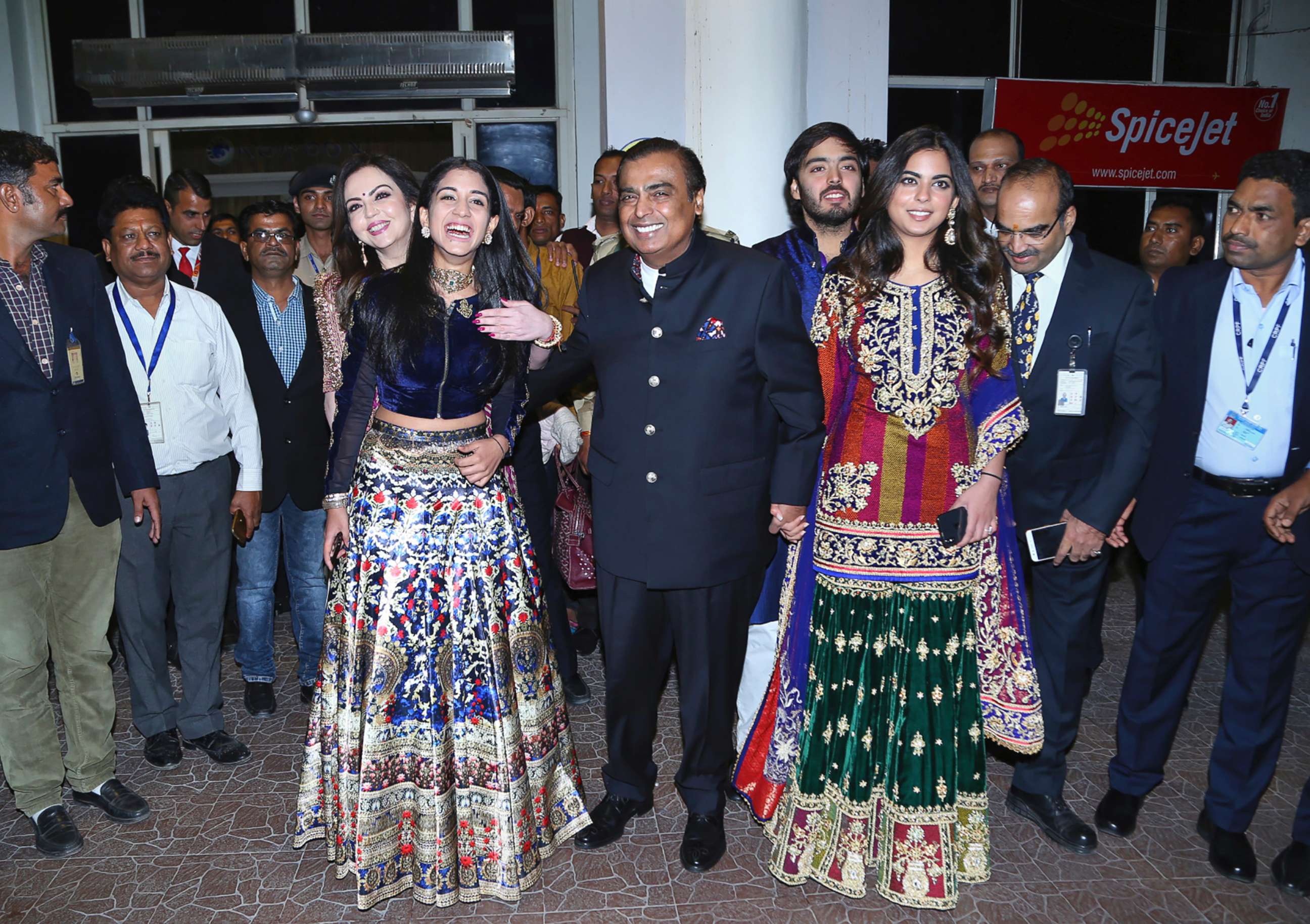 PHOTO: Chairman of Reliance Industries Mukesh Ambani, center, his wife Nita Ambani, back left, daughter Isha Ambani, right, son Anant Ambani and Radhika Merchant, front left, arrive for a wedding in Jodhpur, India, Nov. 30, 2018.