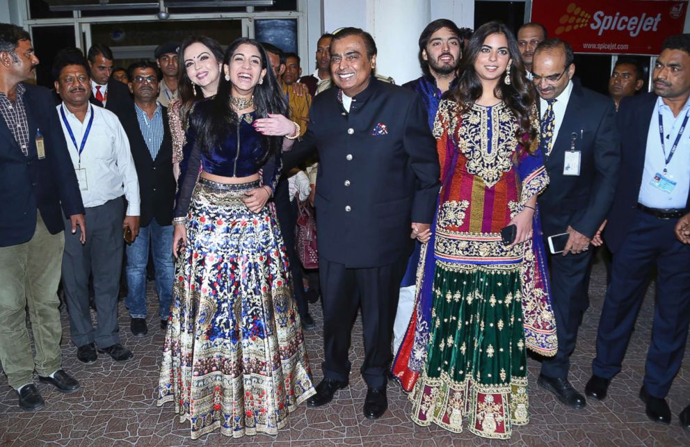 PHOTO: Chairman of Reliance Industries Mukesh Ambani, center, his wife Nita Ambani, back left, daughter Isha Ambani, right, son Anant Ambani and Radhika Merchant, front left, arrive for a wedding in Jodhpur, India, Nov. 30, 2018.