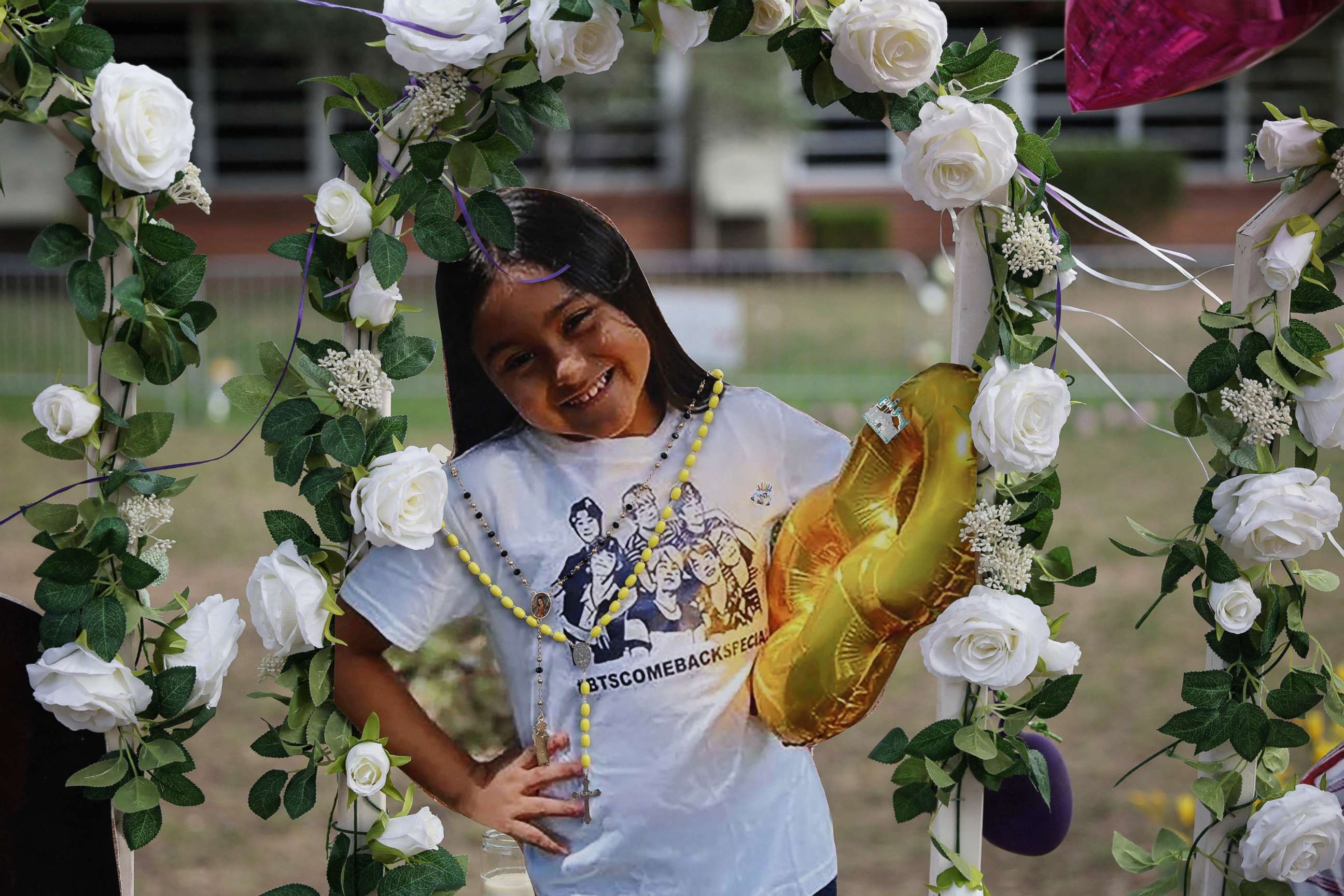 PHOTO: A photo cutout of Amerie Jo Garza, one of the 19 children killed victims in the Robb Elementary school shooting, is seen at school memorial site on the day of her funeral in Uvalde, Texas, May 31, 2022.