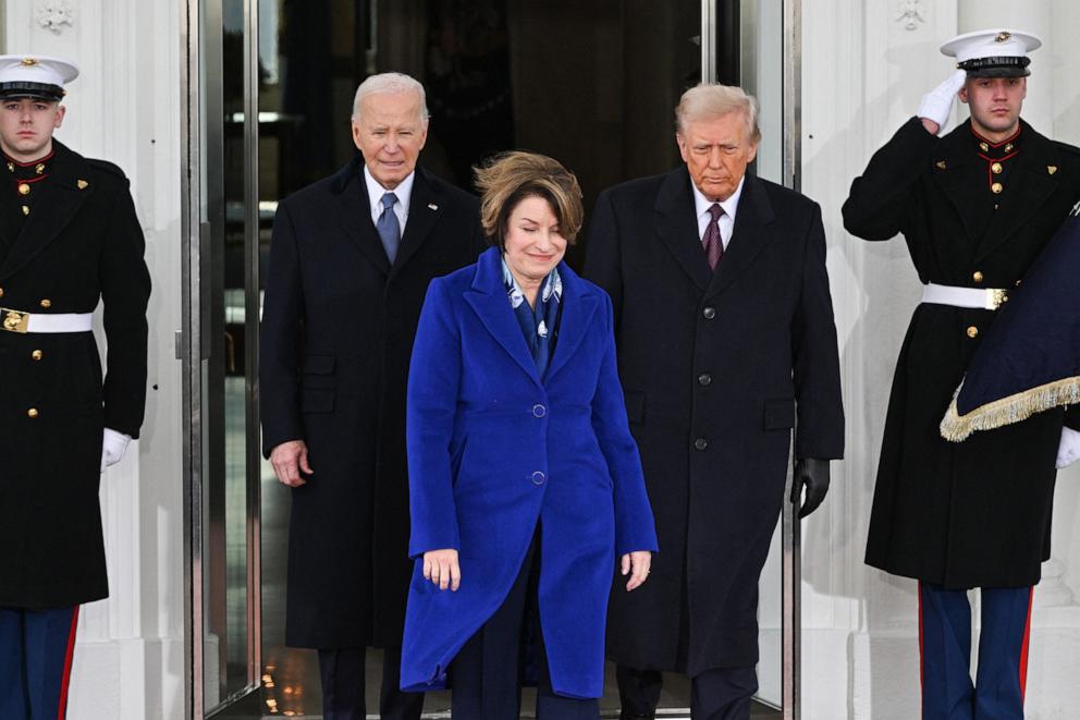 PHOTO: President Joe Biden, Senator Amy Klobuchar, Democrat from Minnesota, and President-elect Donald Trump depart the White House for the US Capitol in Washington, DC, on January 20, 2025.