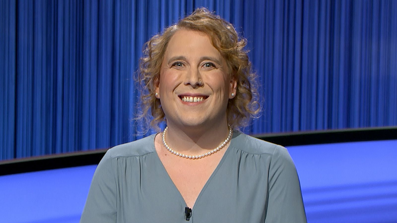 PHOTO: Contestant Amy Schneider pictured on the set of "Jeopardy!" in an undated photo.