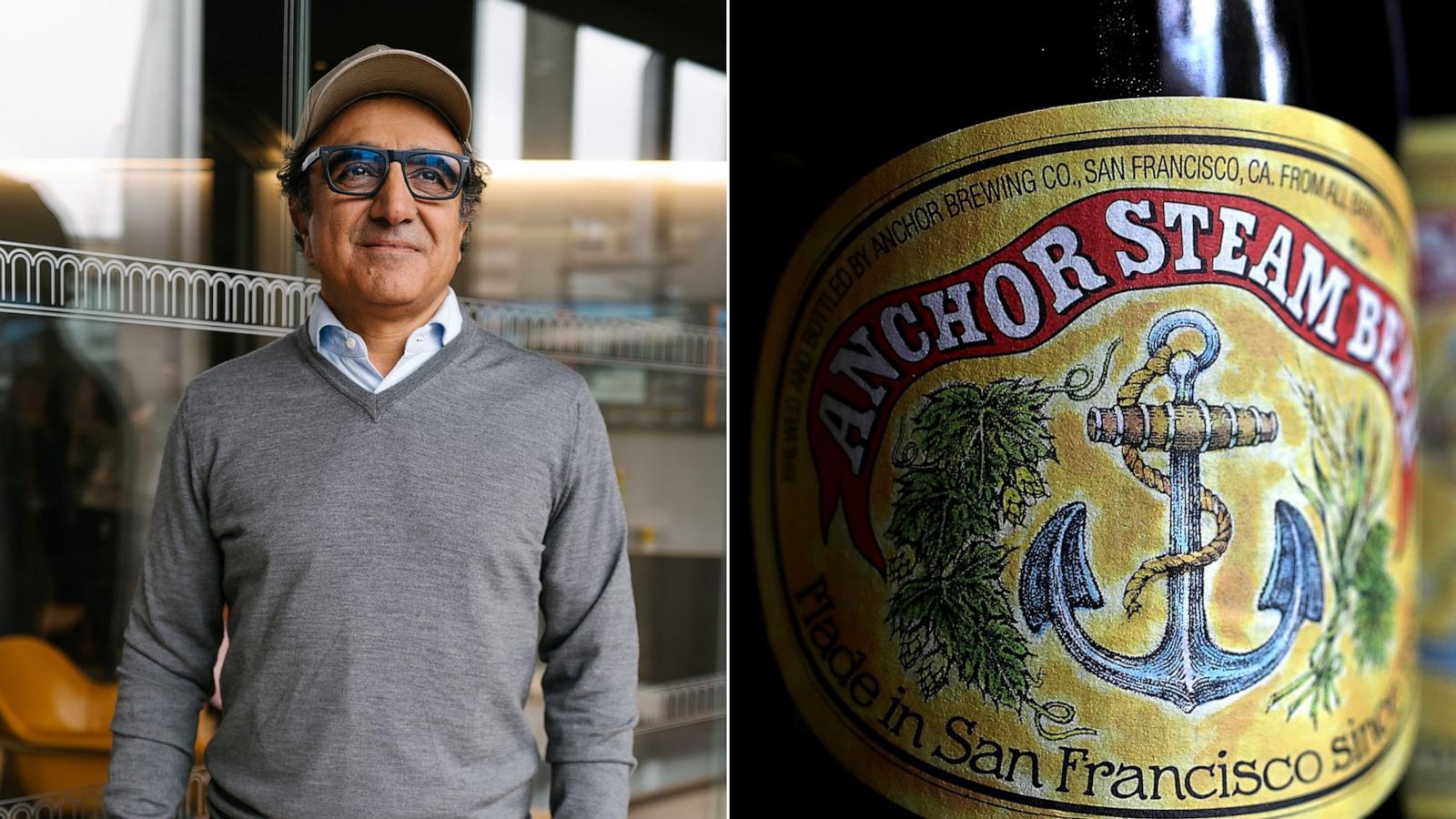 PHOTO: Hamdi Ulukaya, chief executive officer of Chobani LLC, following a Bloomberg Television interview in London, on March 5, 2024. | Bottles of Anchor Steam beer are displayed on August 3, 2017, in San Anselmo, Calif.