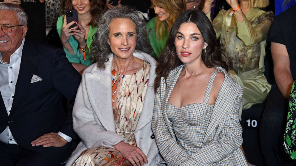 PHOTO: Andie MacDowell and her daughter, singer Rainey Qualley, arrive at the Marc Cain label's show at the offsite fashion show at the former Tempelhof Airport, Berlin, Jan. 19, 2023.