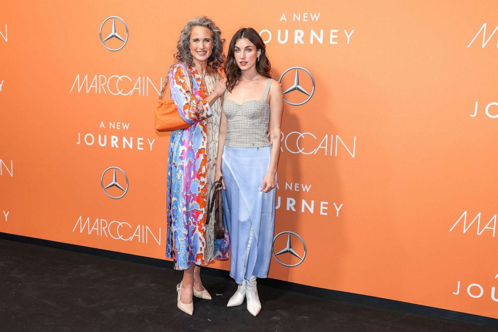 Photo: Andie MacDowell and her daughter, singer Rainey Qualley, arrive for the Marc Cain label's show at the offsite fashion show at Berlin's former Tempelhof Airport on January 18, 2023.