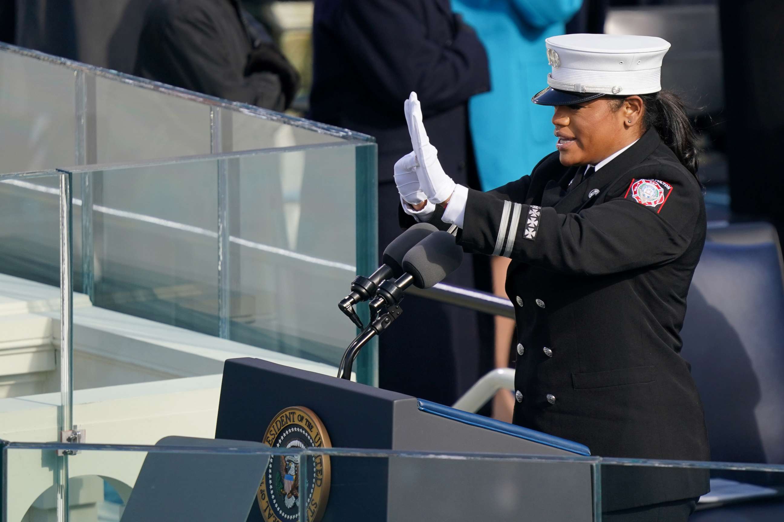 PHOTO: Capt. Andrea Hall of the city of South Fulton deliveres the pledge of allegiance during the 59th Presidential Inauguration at the U.S. Capitol in Washington, Jan. 20, 2021.