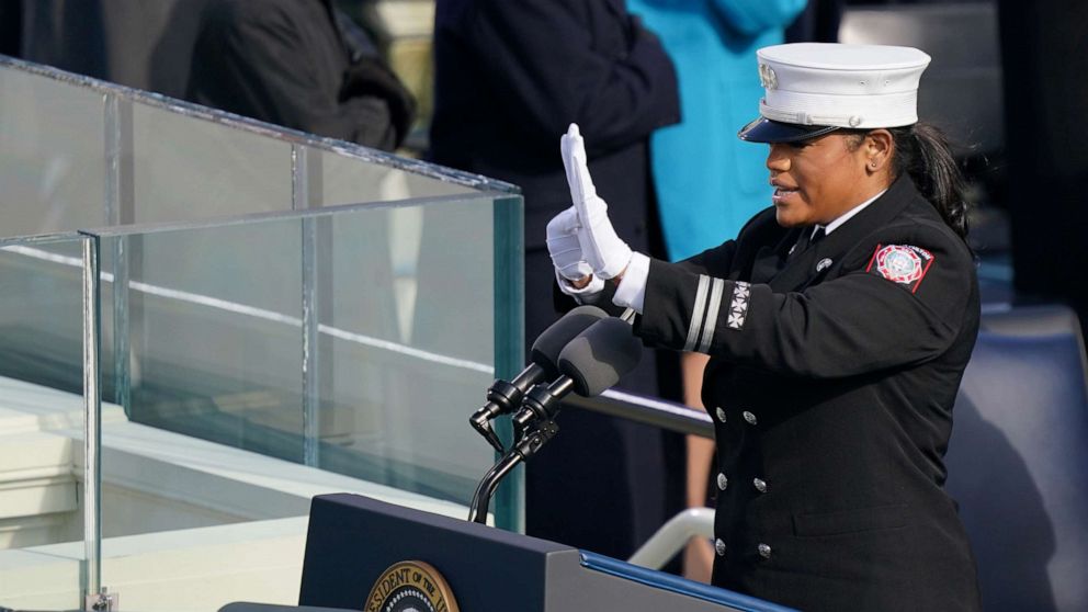 PHOTO: Capt. Andrea Hall of the city of South Fulton deliveres the pledge of allegiance during the 59th Presidential Inauguration at the U.S. Capitol in Washington, Jan. 20, 2021.