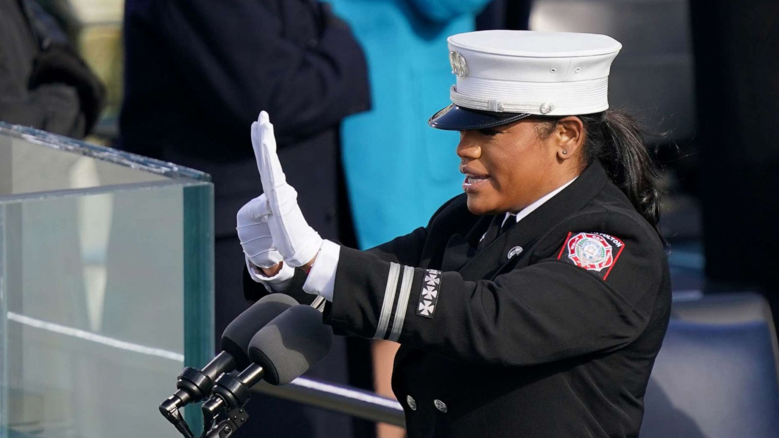 PHOTO: Capt. Andrea Hall of the city of South Fulton deliveres the pledge of allegiance during the 59th Presidential Inauguration at the U.S. Capitol in Washington, Jan. 20, 2021.