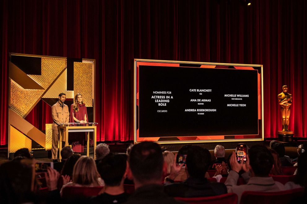 PHOTO: Actors Riz Ahmed and Allison Williams read the nominations for Actress in a Leading Role at the 95th Academy Awards, at the Academy of Motion Picture Arts and Sciences, Jan. 24, 2023, in Beverly Hills, Calif.