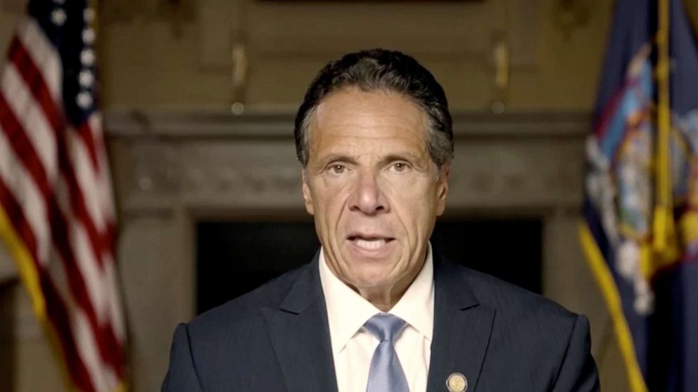 PHOTO: New York Governor Andrew Cuomo makes a statement in this screen grab taken from a pre-recorded video released by Office of the NY Governor, in New York, Aug. 3, 2021.