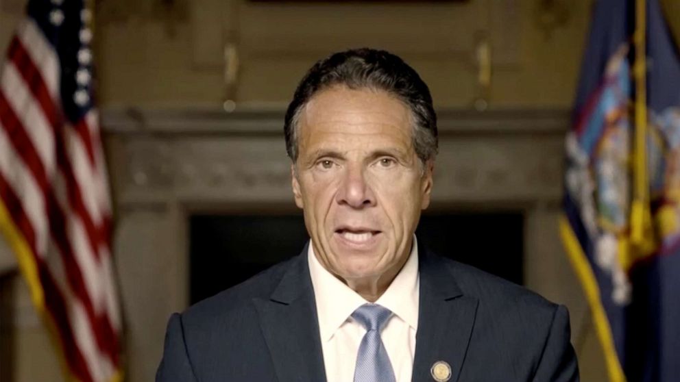 PHOTO: New York Governor Andrew Cuomo makes a statement in this screen grab taken from a pre-recorded video released by Office of the NY Governor, in New York, Aug. 3, 2021.