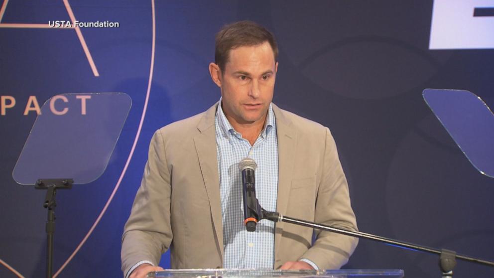 PHOTO: Andy Roddick receives the "Serving Up Dreams Award" at the USTA Foundation’s annual Opening Night Gala, Aug. 26, 2024, at the U.S. Open in New York. 