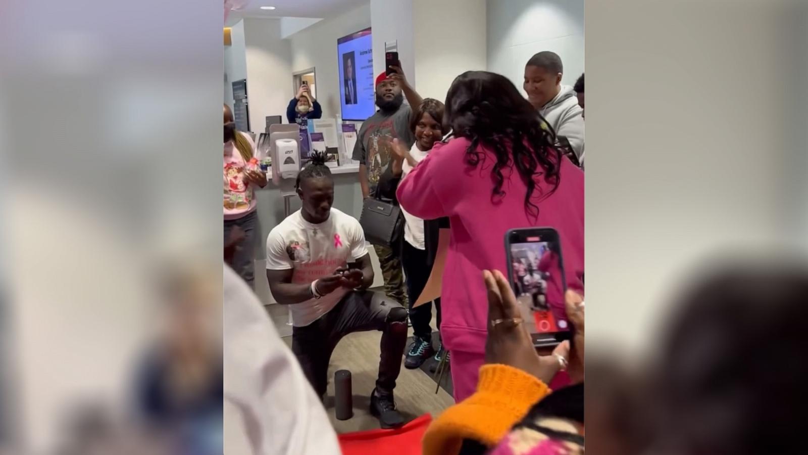 PHOTO: Imeek Watkins proposed to Angelica May after she completed chemotherapy treatment at Novant Health Zimmer Cancer Institute in Wilmington, N.C. on March 20, 2024.