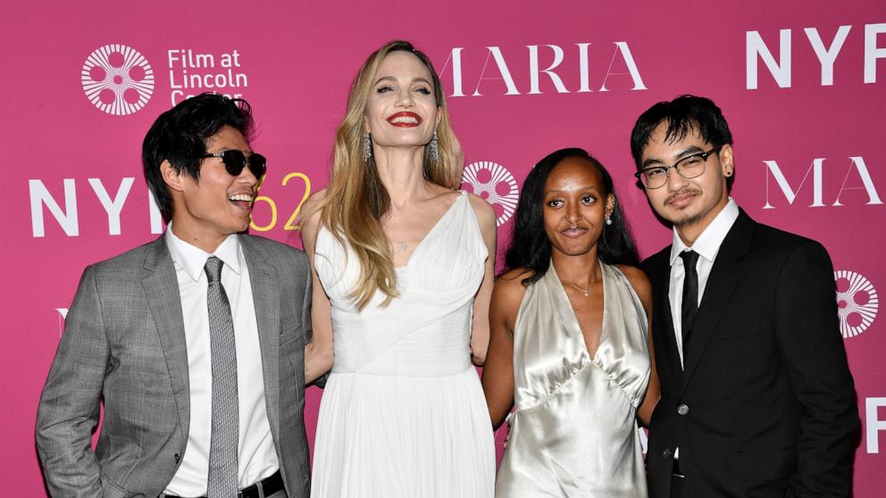 PHOTO: Pax Jolie-Pitt, left, Angelina Jolie, Zahara Jolie and Maddox Jolie-Pitt attend the "Maria" premiere during the 62nd New York Film Festival at Alice Tully Hall Sept. 29, 2024, in New York.