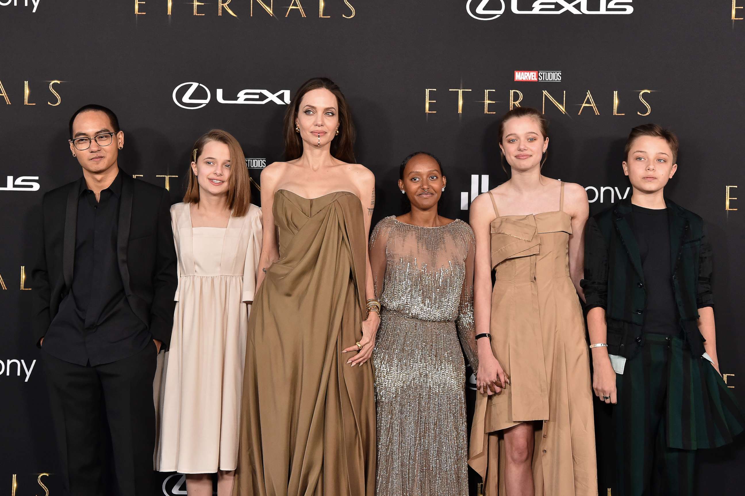 PHOTO: Maddox Jolie-Pitt, Vivienne Jolie-Pitt, Angelina Jolie, Zahara Jolie-Pitt, Shiloh Jolie-Pitt and Knox Jolie-Pitt attend the premiere of 'Eternals" in Los Angeles, Oct. 18, 2021.