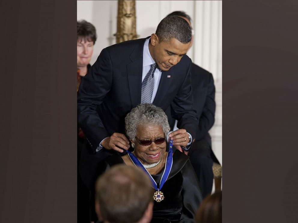 PHOTO: President Barack Obama presents author and poet Maya Angelou with the 2010 Medal of Freedom during a ceremony in the East Room of the White House in Washington, Feb. 15, 2011.