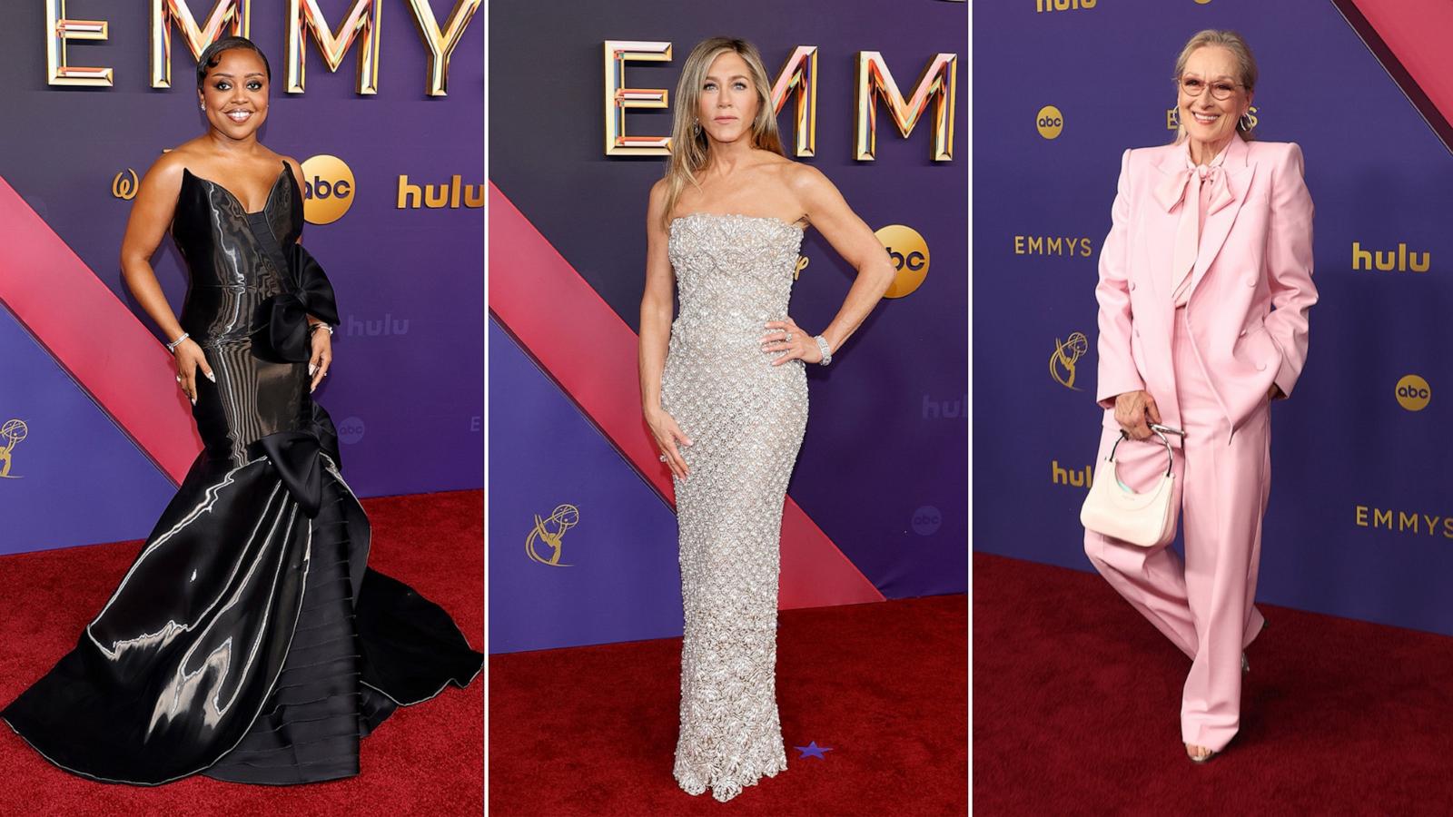 PHOTO: Quinta Brunson, left, Jennifer Aniston, center, and Meryl Streep attend the 76th Primetime Emmy Awards, Sept. 15, 2024, in Los Angeles.