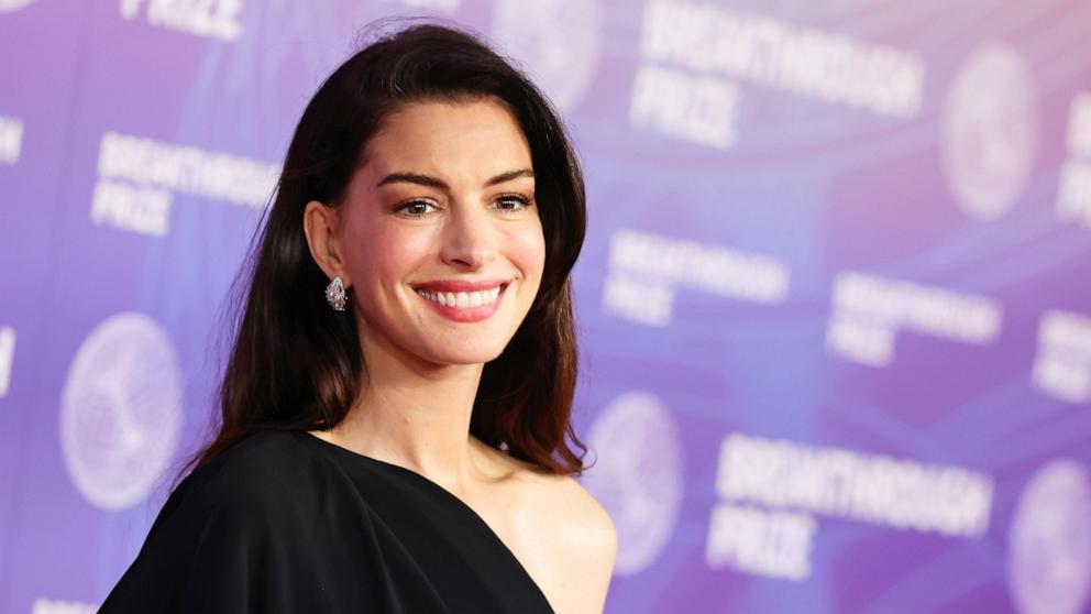 PHOTO: In this April 18, 2026, file photo, Anne Hathaway attends the 12th Breakthrough Prize Ceremony at Barker Hangar in Santa Monica, Calif.