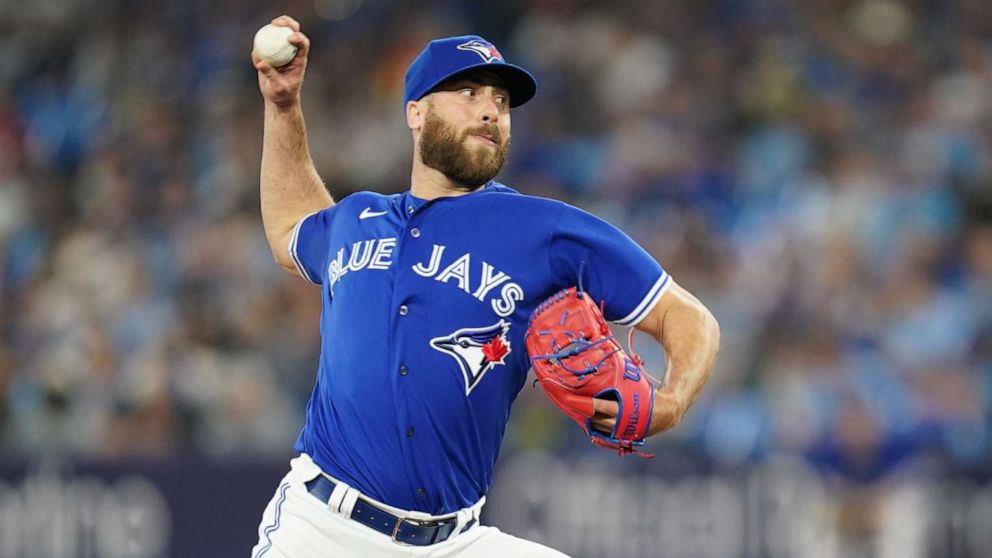 PHOTO: Anthony Bass of the Toronto Blue Jays pitches during a game Apr. 11, 2023 in Toronto, Canada.