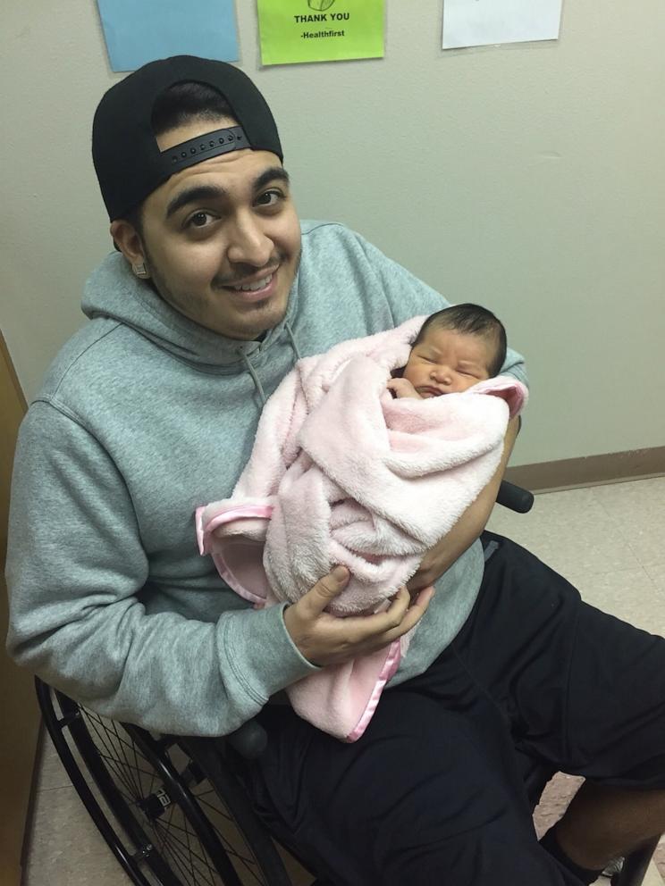 PHOTO: Anthony Sanchez with his daughter Mya as a newborn. Sanchez was injured in a motorcycle accident on October 2014, about 7 months before Mya’s birth in May 2015.