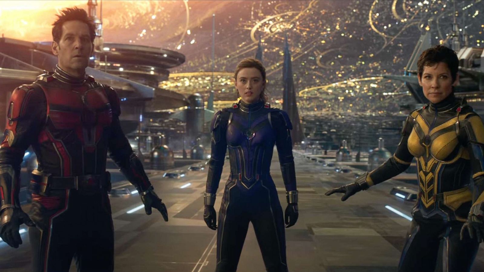 PHOTO: Paul Rudd as Ant-Man/Scott Lang, Kathryn Newton as Cassie Long and Evangeline Lily as Hope van Dyne/the Wasp in a still from Marvel Studios' "Ant-Man and the Wasp: Quantumania."