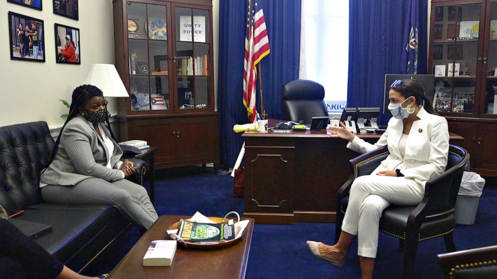 PHOTO: Cori Bush, the Democratic candidate in Missouri's 1st District, meets with Rep. Alexandria Ocasio-Cortez (D-New York) in her Capitol Hill office.