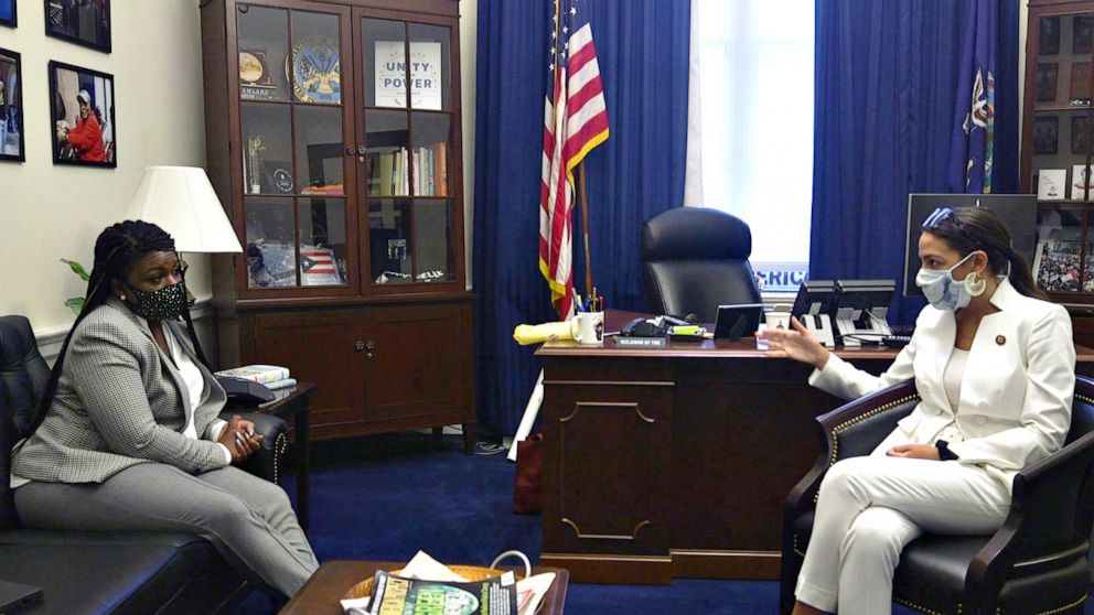 PHOTO: Cori Bush, the Democratic candidate in Missouri's 1st District, meets with Rep. Alexandria Ocasio-Cortez (D-New York) in her Capitol Hill office.