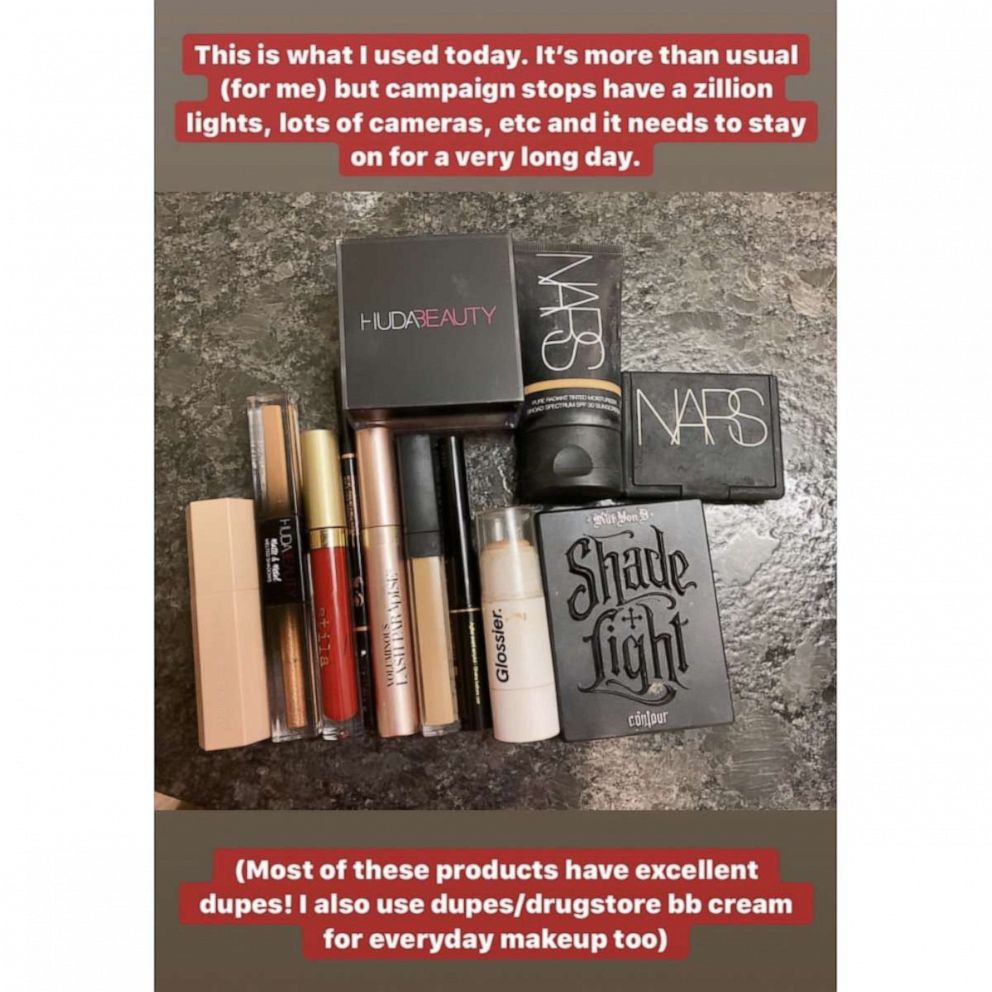 PHOTO: Rep. Alexandria Ocasio-Cortez posted this image with details about her makeup routine to Instagram before a campaign rally for Bernie Sanders in Los Angeles, Dec. 21, 2019.
