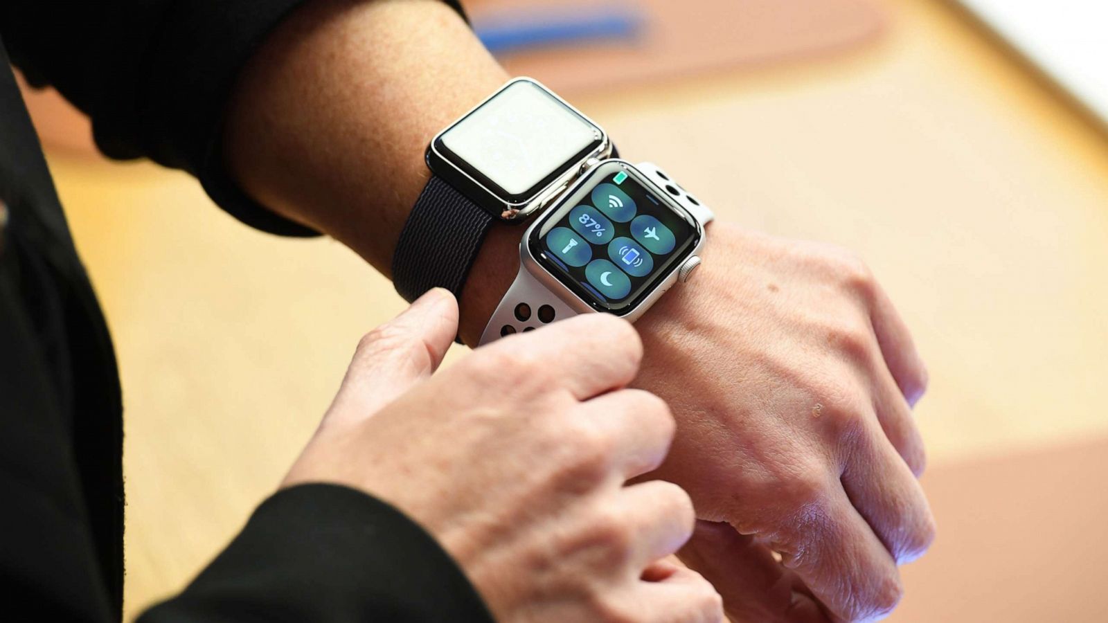 PHOTO: Two Apple watches on the wrist of a customer at the Australian release of the latest iPhone and watch models at the Apple Store, Sept. 21, 2018, in Sydney.