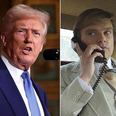 PHOTO: President Donald Trump speaks at Mar-a-Lago in Palm Beach, Fla., Feb. 18, 2025. Sebastian Stan in "The Apprentice," 2024.