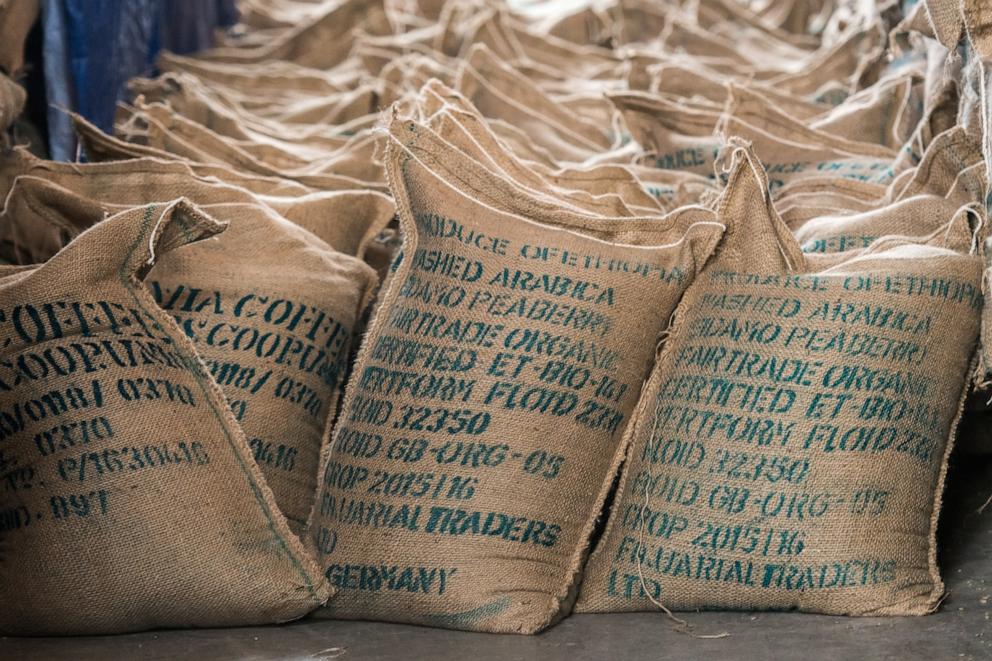 PHOTO: Hundreds of bags of arabica coffee beans ready for export at Oromia Coffee Farmers Cooperative, Ethiopia.