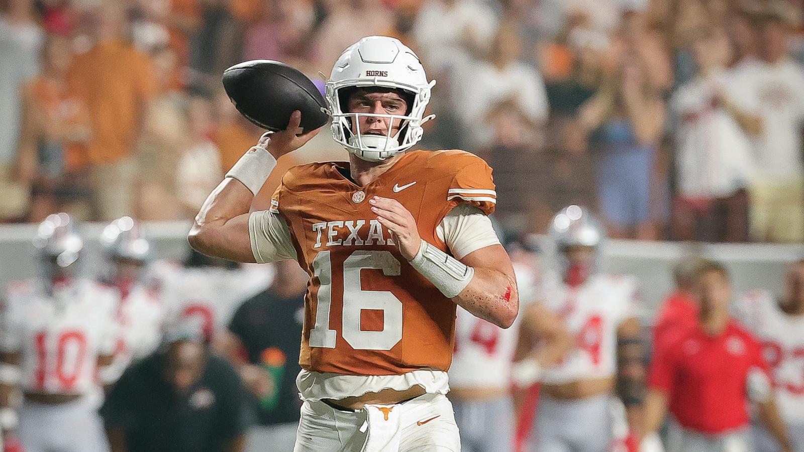 PHOTO: Arch Manning of the Texas Longhorns passes the ball against the Ohio State Buckeyes during the fourth quarter, September 12, 2026 in Austin, Texas.