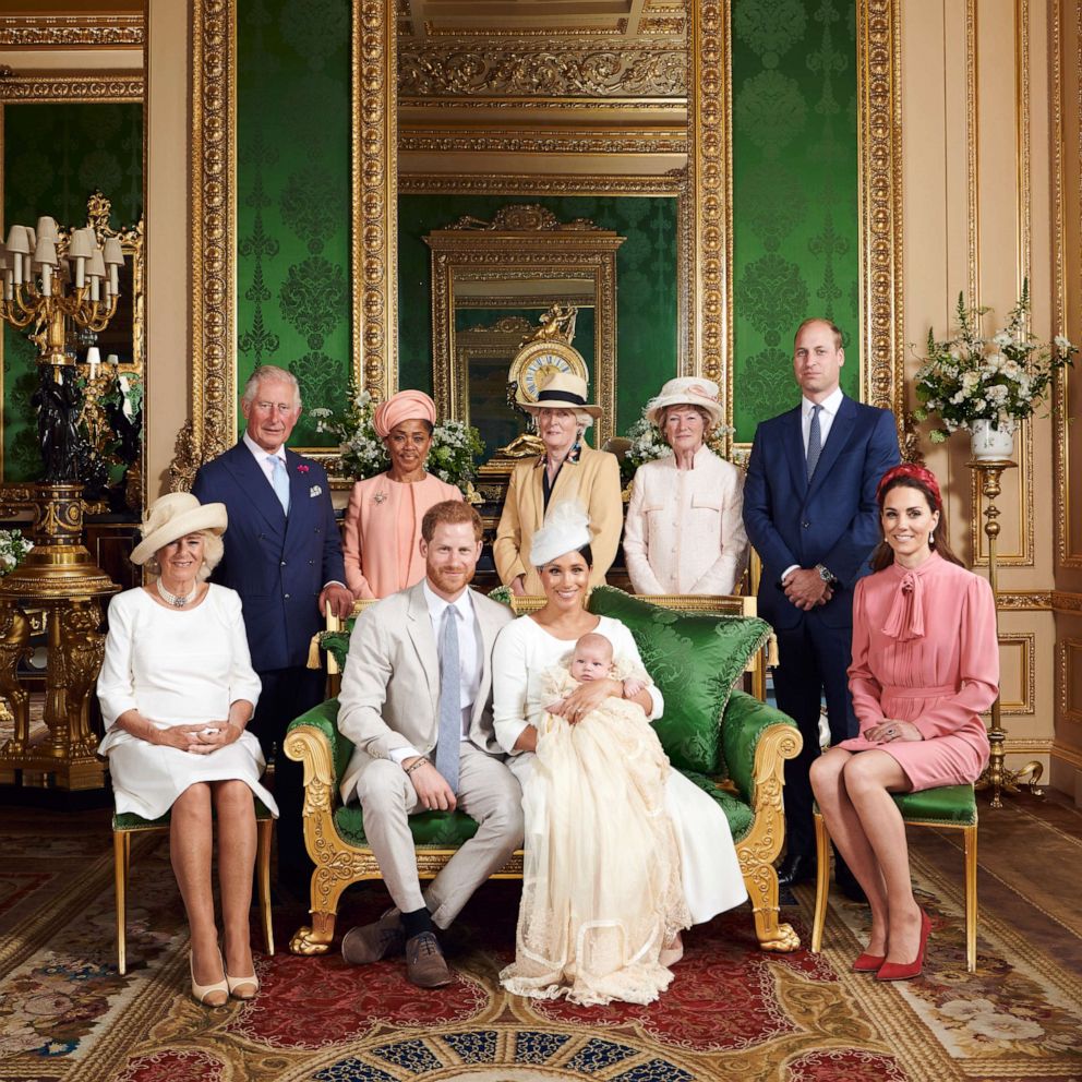 This official christening photograph released by the Duke and Duchess of Sussex shows the Duke and Duchess with their son, Archie and (left to right) at Windsor Castle, July 6, 2019. 