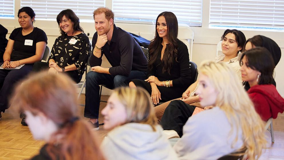 PHOTO: Prince Harry and Meghan, the Duke and Duchess of Sussex, meet with teens from AHA! Santa Barbara, a youth group, to discuss mental health.