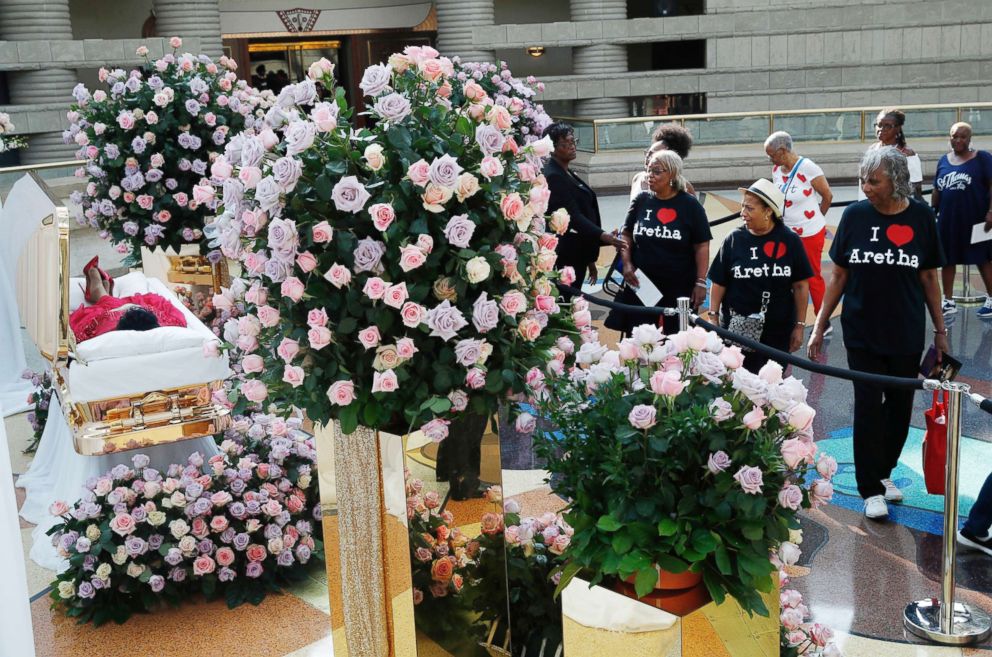 PHOTO: Aretha Franklin's coffin lies at Charles H. Wright Museum of African American History during a public visitation in Detroit, Aug. 28, 2018.