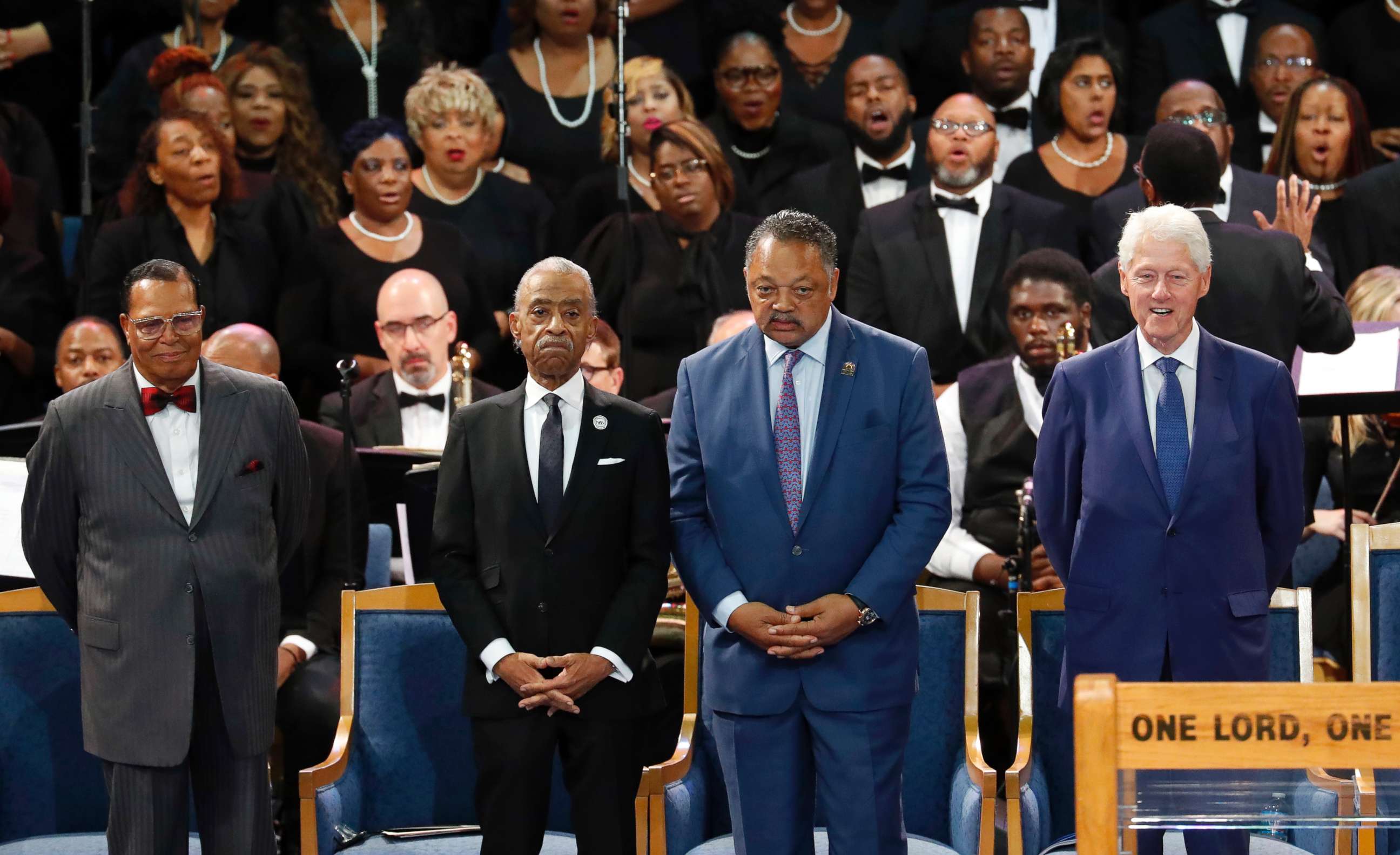 PHOTO: Louis Farrakhan, from left, Rev. Al Sharpton, Rev. Jesse Jackson and former President Bill Clinton attend the funeral service for Aretha Franklin at Greater Grace Temple, Aug. 31, 2018, in Detroit.