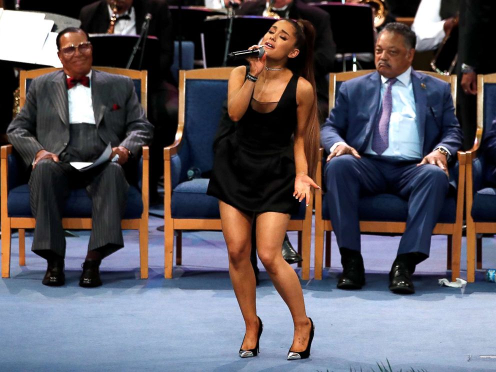 PHOTO: Singer Ariana Grande performs at the funeral service for Aretha Franklin at the Greater Grace Temple in Detroit, Aug. 31, 2018.