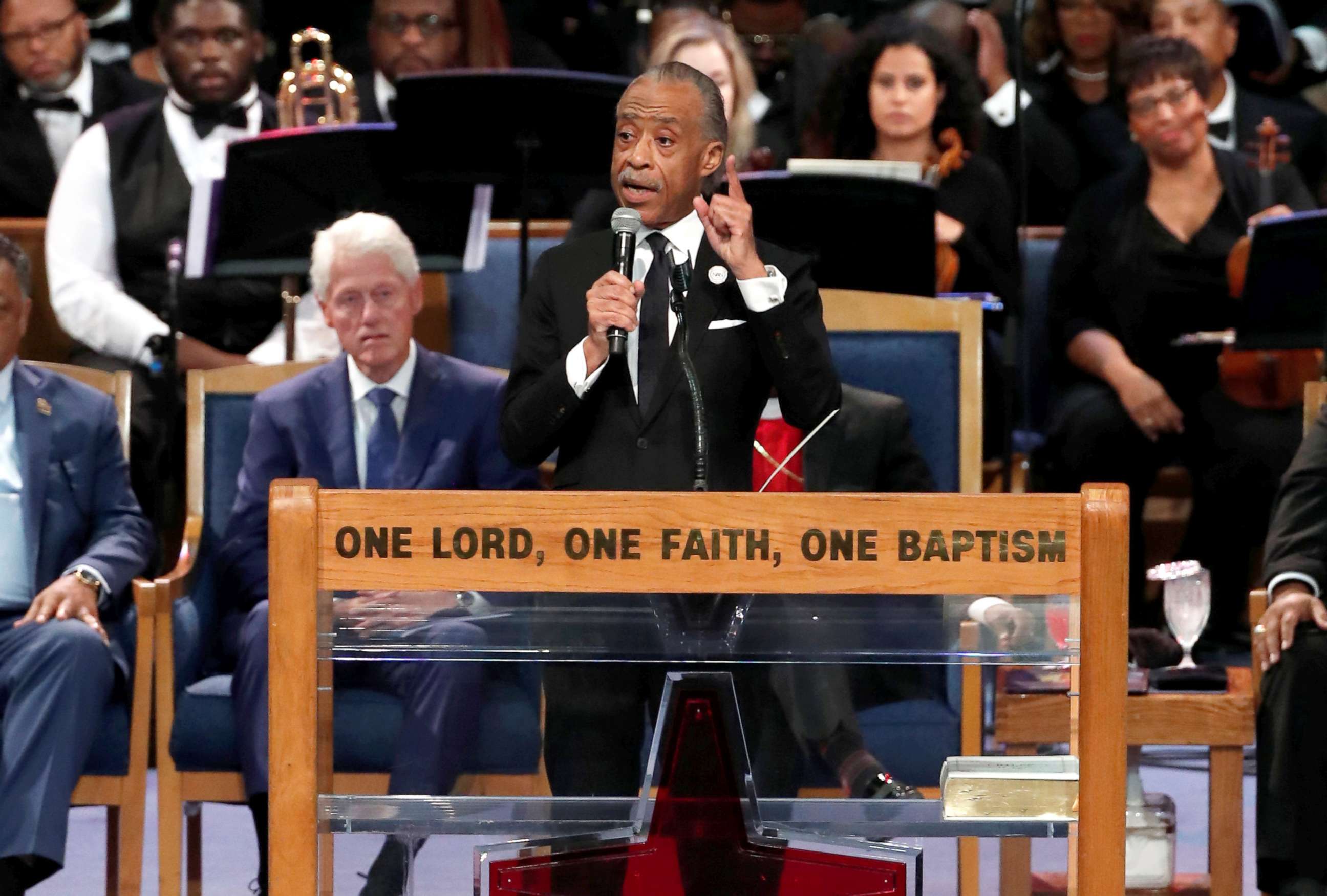 PHOTO: Rev. Al Sharpton speaks at the funeral service for the late singer Aretha Franklin at the Greater Grace Temple in Detroit, Aug. 31, 2018.