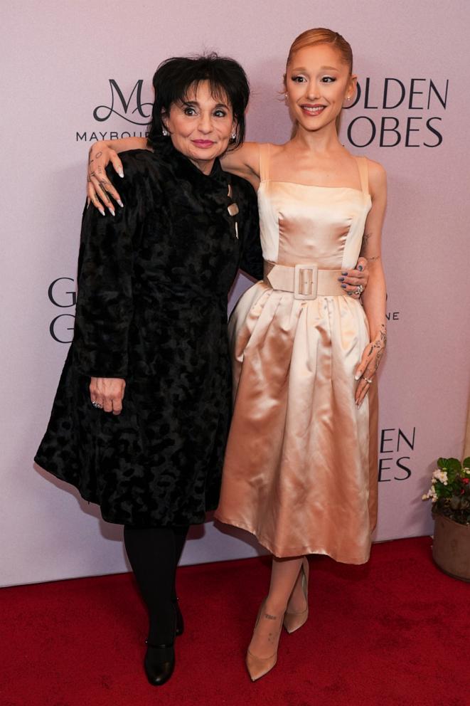 PHOTO: Joan Grande, left, and Ariana Grande arrive at the Golden Globes first-time nominee celebration, Dec. 17, 2024, in Beverly Hills.