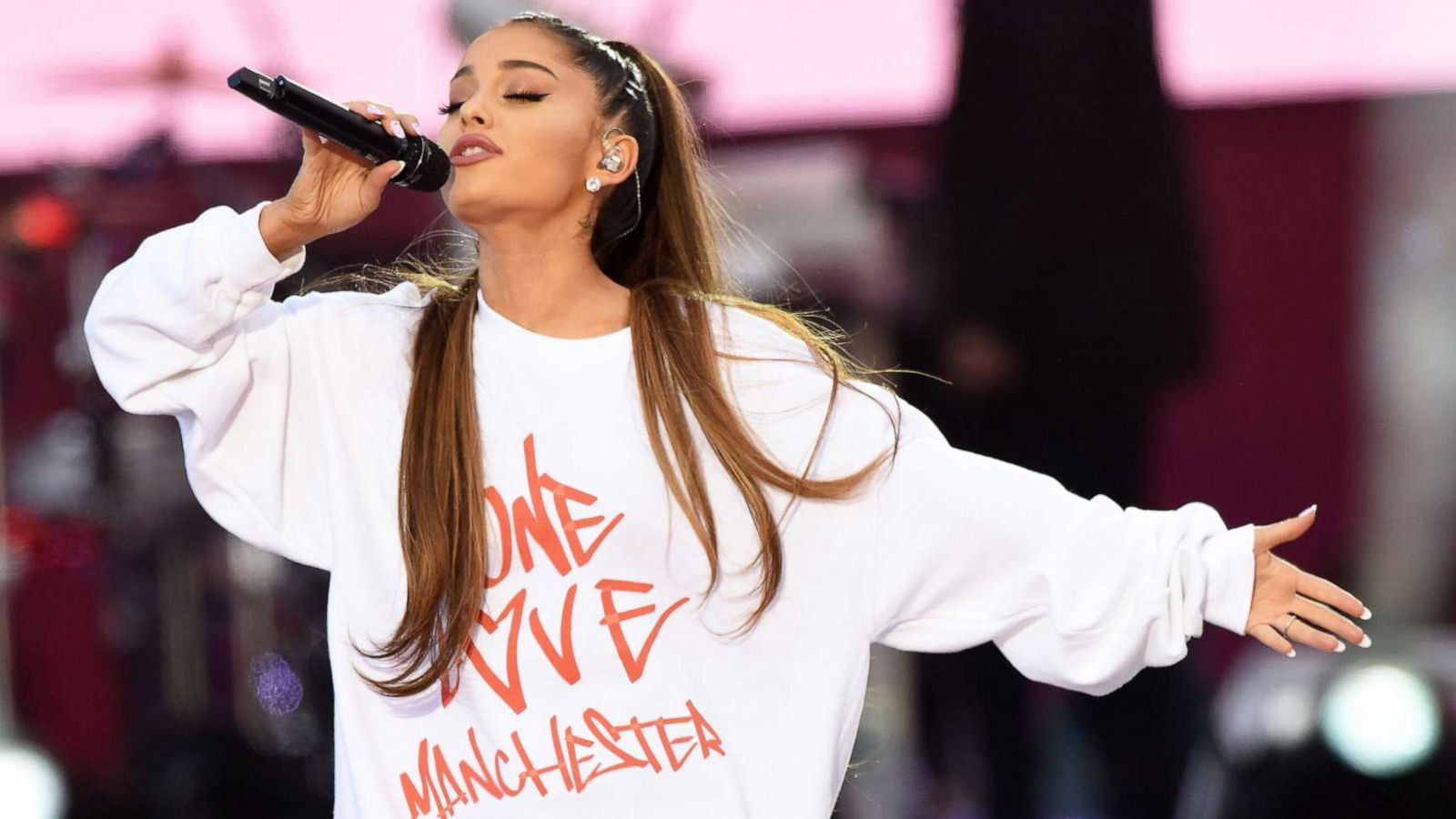 PHOTO: Ariana Grande performs on stage on June 4, 2017, in Manchester, England during a 'One Love Manchester' benefit concert.