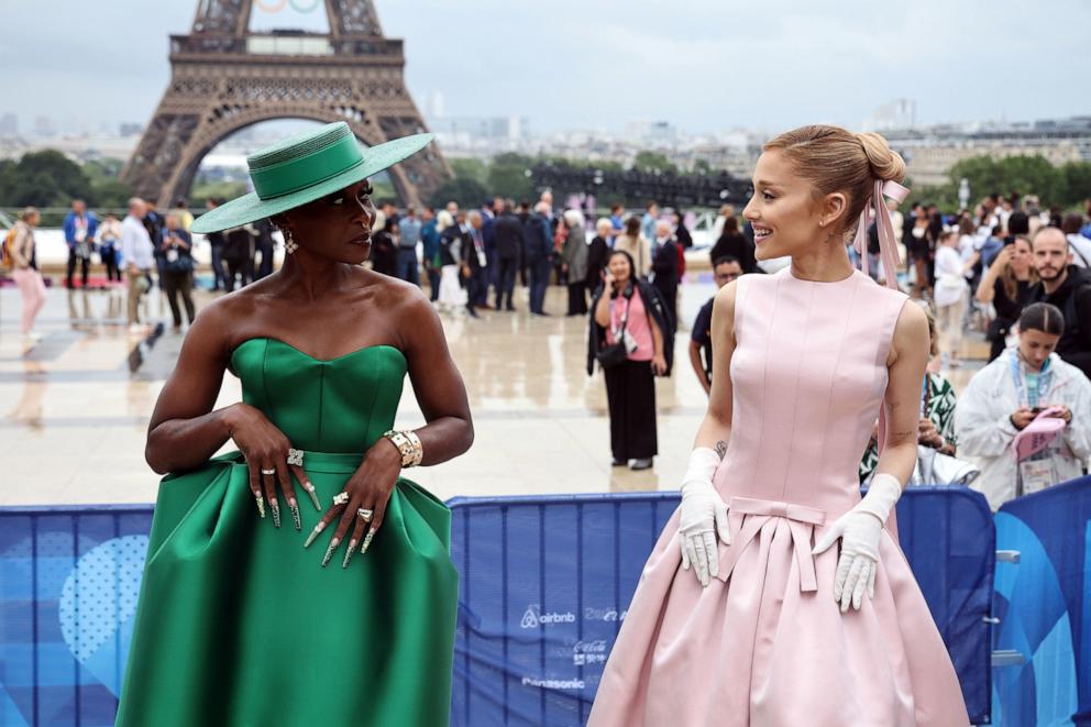 PHOTO: Cynthia Erivo and Ariana Grande arrive at the Trocadero ahead of the opening ceremony for the Paris 2024 Olympic Games on July 26, 2024.