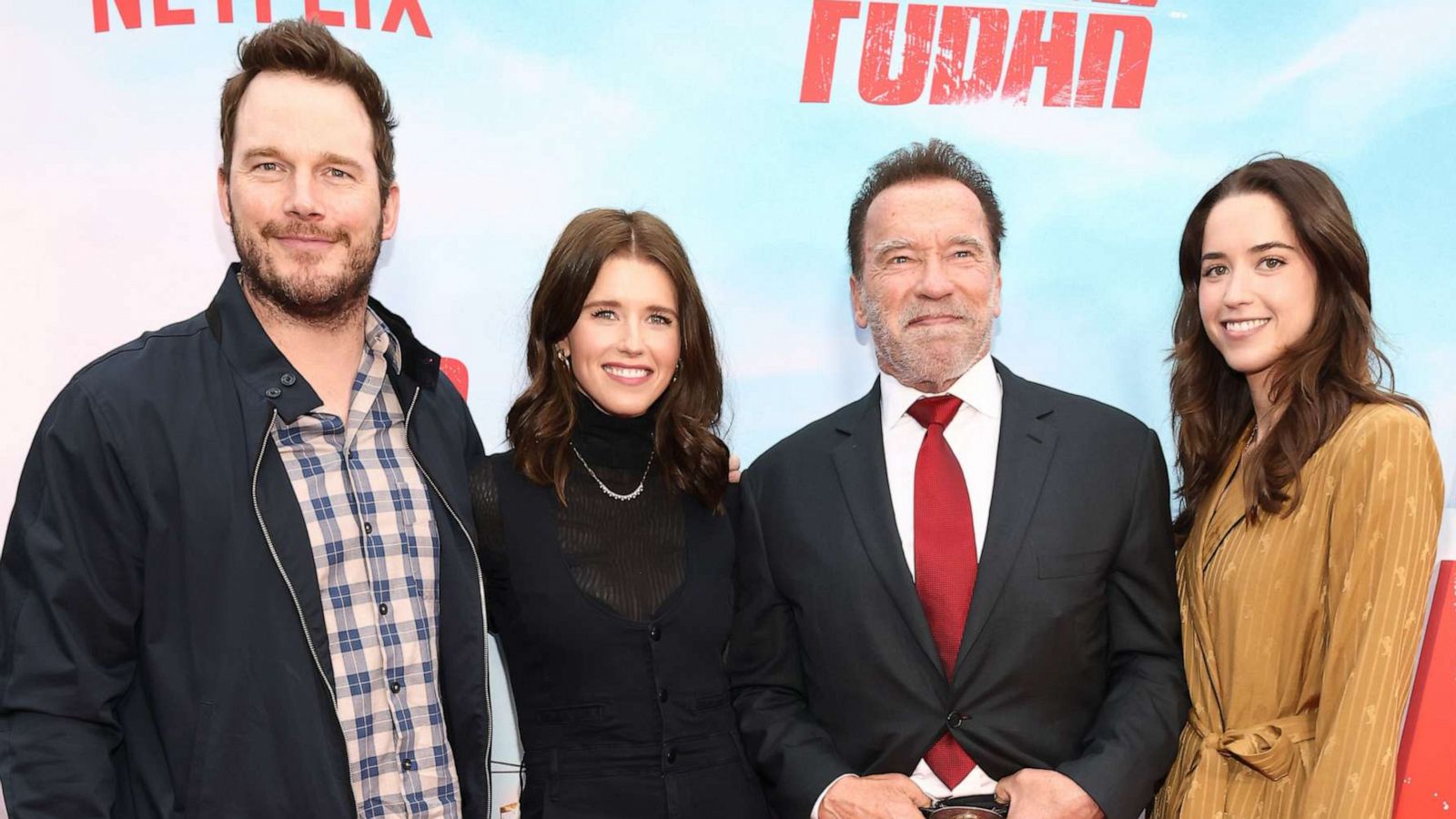 PHOTO: (L-R) Chris Pratt, Katherine Schwarzenegger, Arnold Schwarzenegger, and Christina Schwarzenegger attend the Netflix premiere of ''FUBAR'' on May 22, 2023 in Los Angeles.