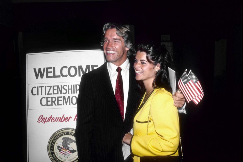 PHOTO: FILE - Austrian Bodybuilder and actor Arnold Schwarzenegger poses with then-girlfriend Maria Shriver after becoming a U.S. citizen, Sept. 17, 1983 in Los Angeles.