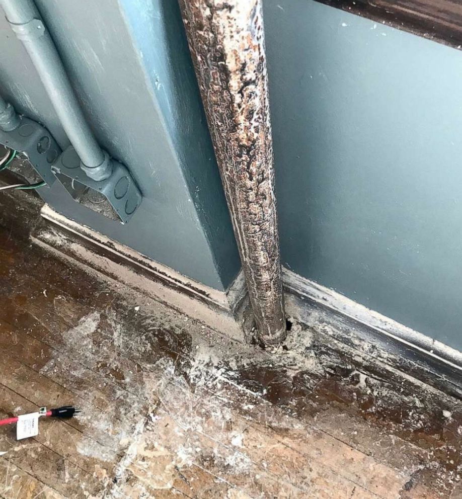 PHOTO: A photo taken at an elementary school in Philadelphia on July 7, 2018, shows an abated and cleared pipe area and debris on the floor.