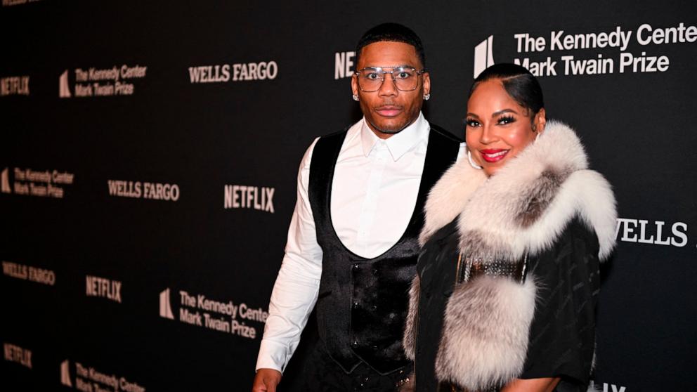 PHOTO: Nelly and Ashanti arrive for the 25th Annual Mark Twain Prize For American Humor at the John F. Kennedy Center for the Performing Arts in Washington, DC, on March 24, 2024.