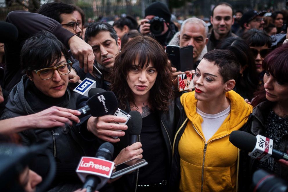 PHOTO: Italian actress Asia Argento and Rose McGowan take part in a demonstration organized by "Non una di meno" movement to mark the International Women's Day, March 8, 2018, in Rome, Italy.