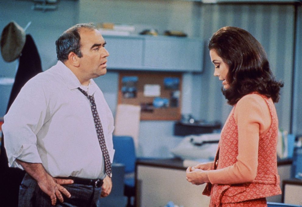 PHOTO: Actors Edward Asner, as Lou Grant, and Mary Tyler Moore, as Mary Richards, in a scene from "The Mary Tyler Moore Show" in 1970, Los Angeles. 