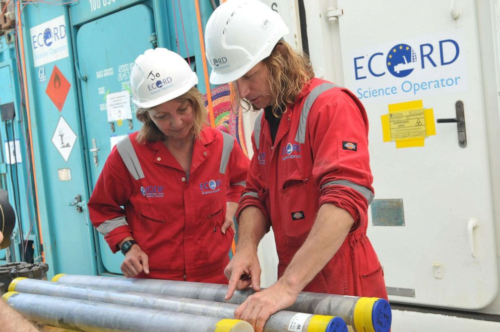 PHOTO: Lead author of the study Sean Gulick, a research professor at The University of Texas at Austin Jackson School of Geosciences (right), with co-author Joanna Morgan, a professor at Imperial College London, on the expedition.