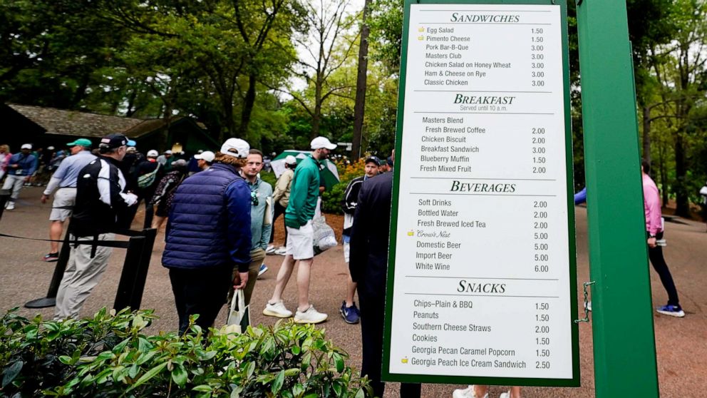 PHOTO: A menu hangs in a concession area during a practice round for The Masters golf tournament at Augusta National Golf Club in Augusta, Ga., on April 3, 2023.