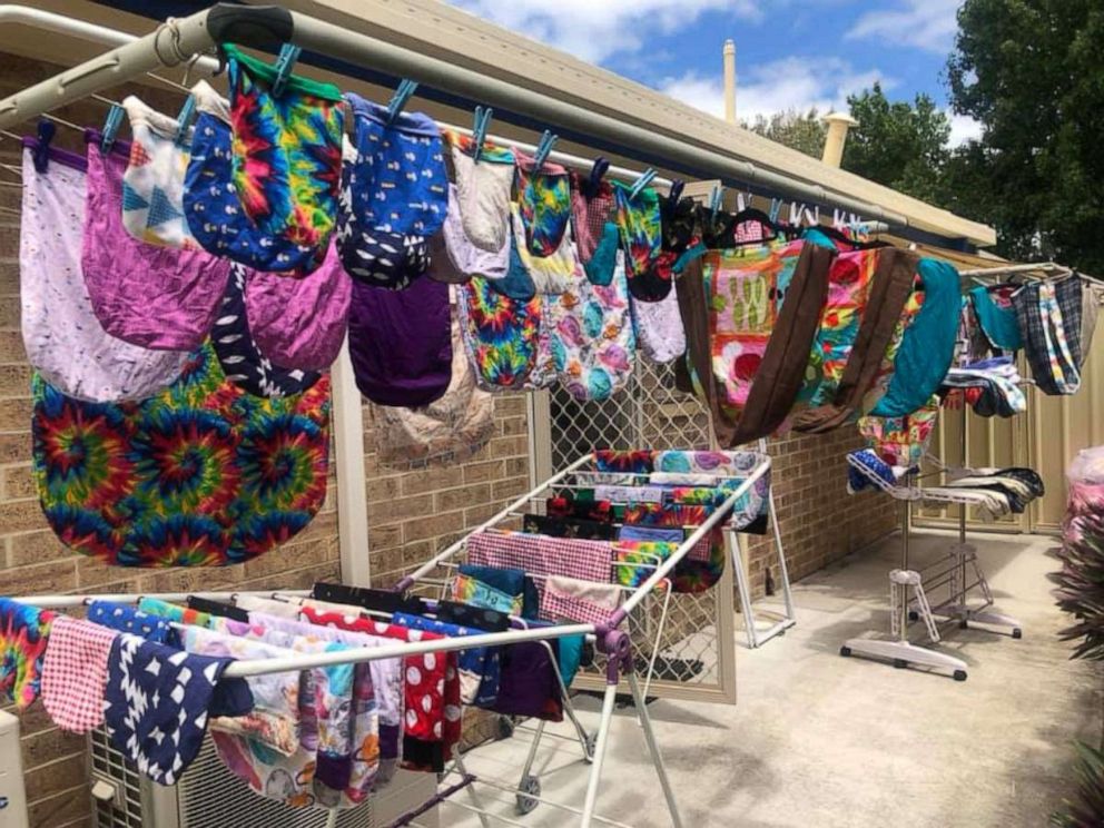 PHOTO: Various completed animal pouches for animals affected by Australia bushfires hang on clothing racks in this Jan. 4, 2020, image obtained via social media, in Regents Park, Queensland, Australia.